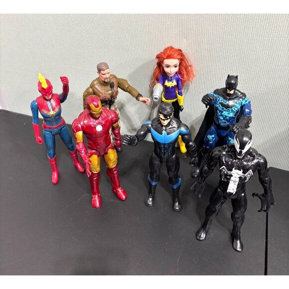 Marvel / DC Other - 7pc12" Marvel / DC Superhero Lot Iron Man Captain A, Batman, Venom, Batgirl